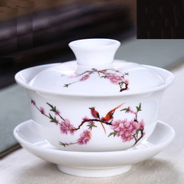 Dehua porcelain & hand-painted picture ceramic whiteware covered bowl ; Style6  Peach blossom & birds