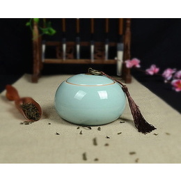 Longquan celadon & Geyao plum green & Diyao power blue & oblate tea caddy & sealing canister ; small size Diyao powder blue