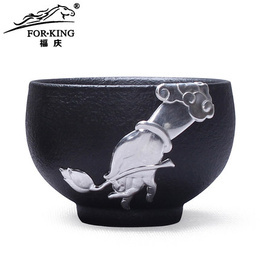 Pure silver tea bowl Kung Fu tea black Ruyao single cup