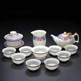Jingdezhen porcelain & hollow-out blue and white porcelain & kung fu tea set & 12 pieces a lot ; Style1